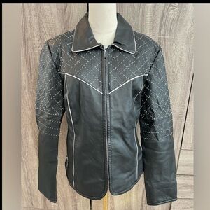 GUILLAUME Black Genuine Leather Jacket w/ White Seams / Diamond Pattern. Size L